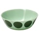 A green glass OFTAST bowl with larger dots on the bottom and smaller ones up the sides, round shape, clean-lined design.