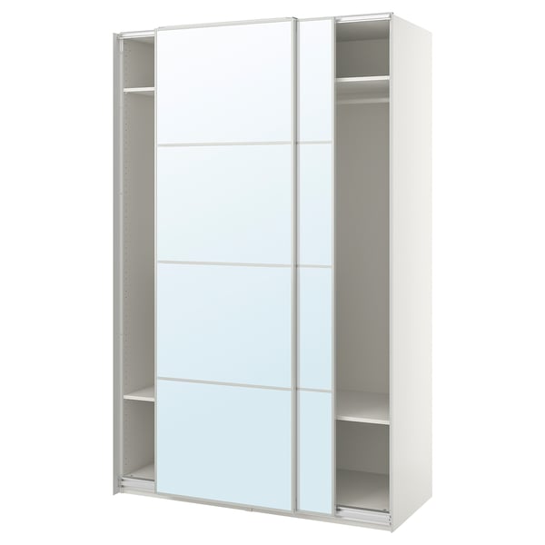 White PAX wardrobe with mirrored sliding doors and metal shelves. Modern, minimalist design.