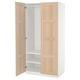 An open ikea PAX wardrobe. Its light beige with wooden panels, a white interior, and two adjustable shelves.