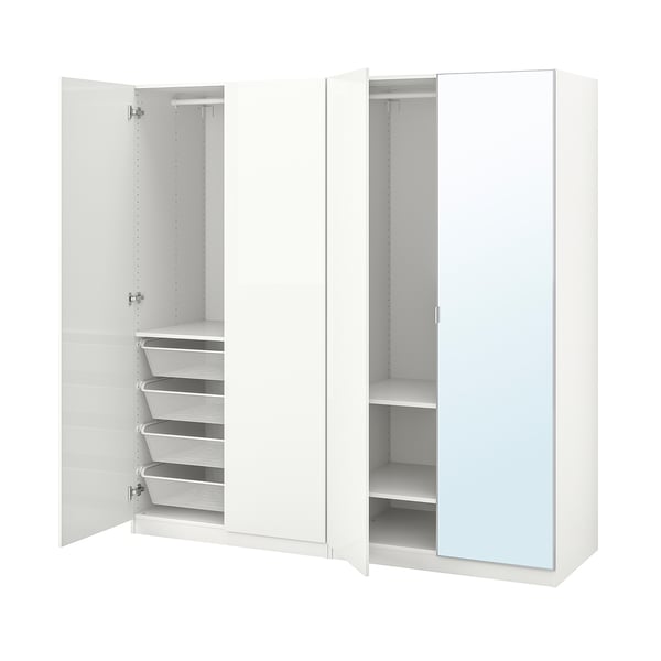 White PAX wardrobe, mirrored doors, metal mesh baskets, soft-close hinges.