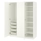 This image shows a white ikea PAX wardrobe with open doors, revealing shelves and mesh baskets.
