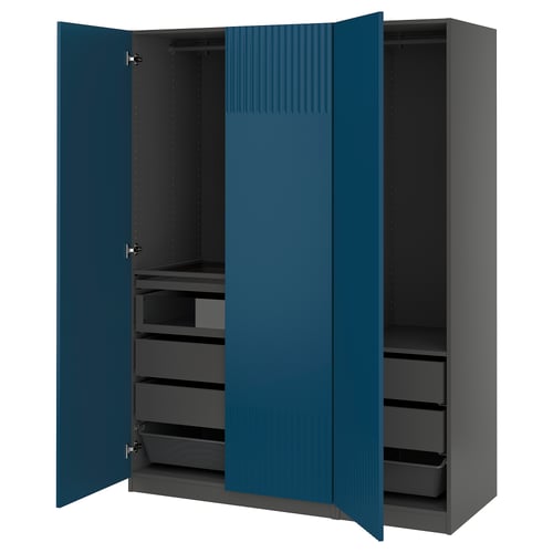 Blue PAX wardrobe with drawers and shelves.