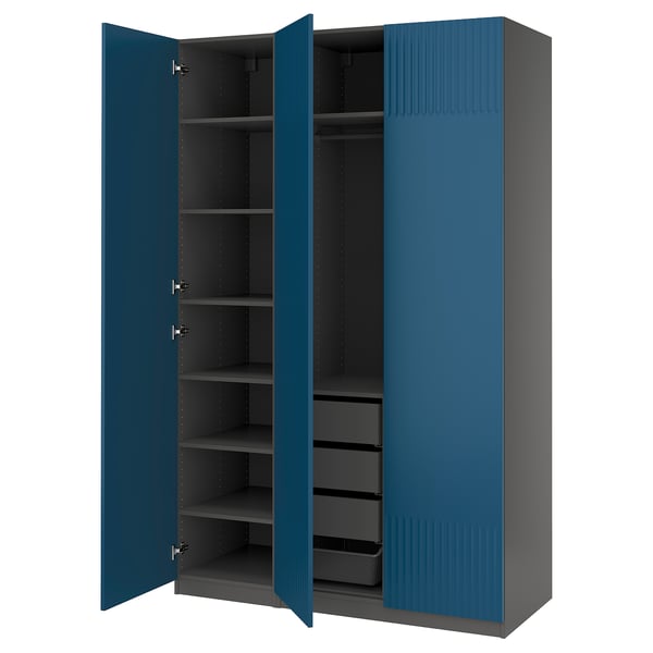 Blue PAX wardrobe with open doors displaying shelves and divider, modern style.