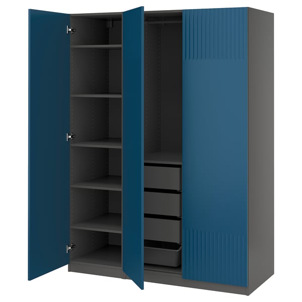 Blue PAX wardrobe with adjustable shelves and mesh basket, featuring soft-close doors.