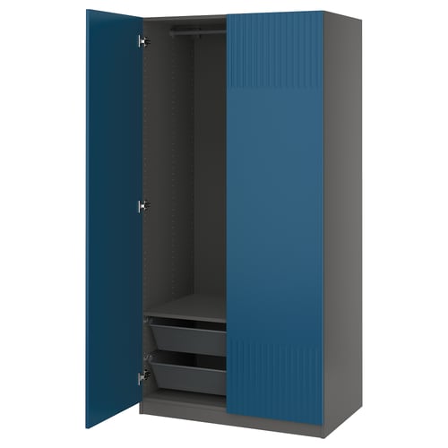 Blue PAX wardrobe with textured doors, open, revealing mesh baskets and shelf.