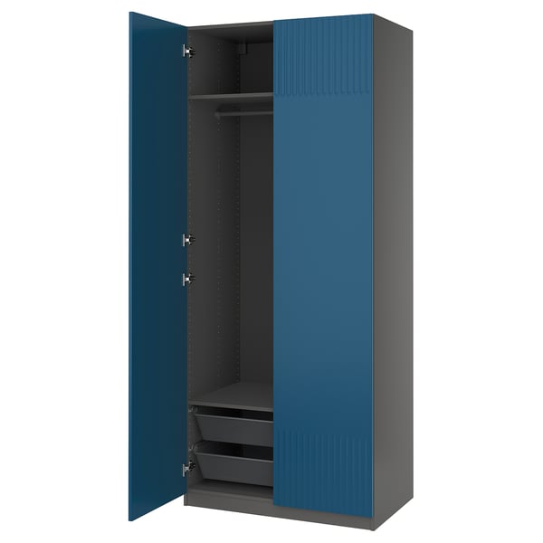 A blue ikea PAX wardrobe with mesh drawers and a clothes rail.