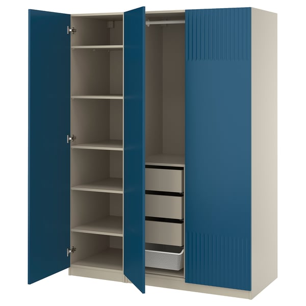A blue ikea PAX wardrobe. It has two open doors revealing shelves and drawers, offering storage space with a modern design.