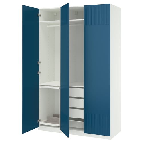 Open blue-white wardrobe, PAX, with shelves and drawers, mesh basket.