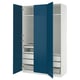 Depicts a blue PAX wardrobe with three doors, white interior, shelves, drawers, and a mesh basket.