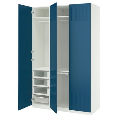 PAX wardrobe, blue & white, open doors, shelves, drawers.