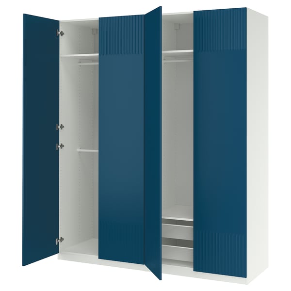 Blue PAX wardrobe with white interior, open doors, shelves, rail, and basket.