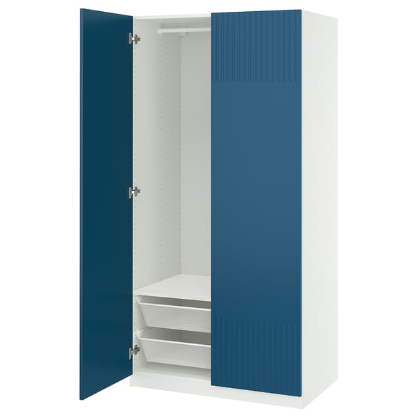A white and blue wardrobe with mesh baskets, featuring a sleek design and soft-closing doors.