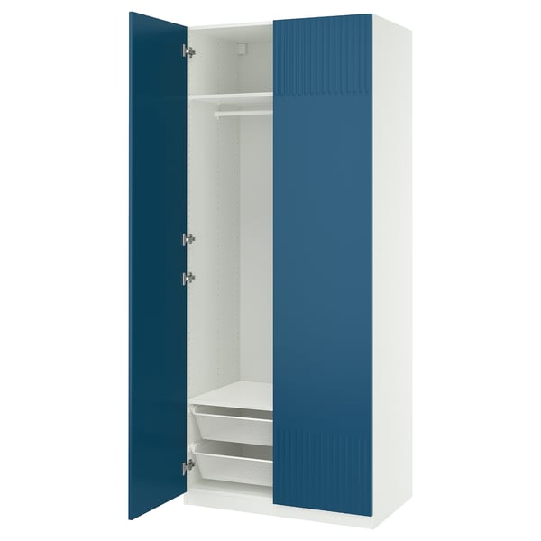 A blue and white PAX wardrobe with open door, mesh basket, and hanging space.