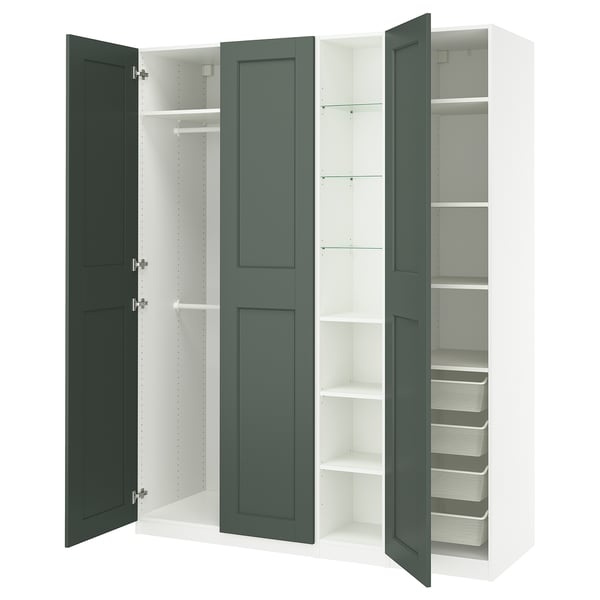 PAX / GRIMO Wardrobe combination, white grey-green/white, 185x60x236 cm