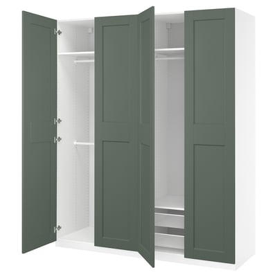 Image shows green PAX wardrobe with open doors, metal hinges, shelves, and mesh basket.