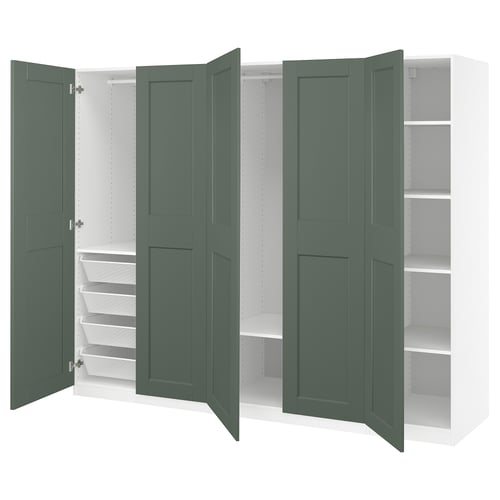Image shows green PAX wardrobe opened, revealing shelves and drawers.
