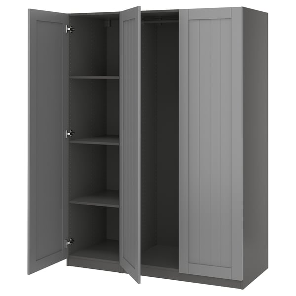 Gray PAX wardrobe, open doors revealing shelves.