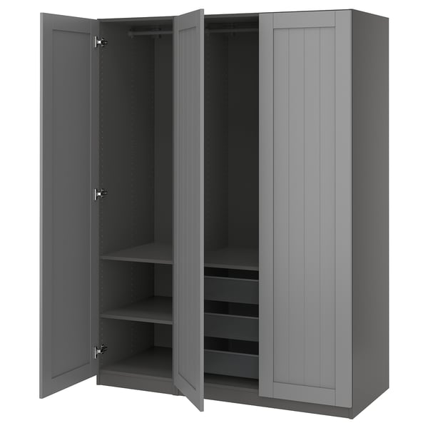 Grey PAX wardrobe with mesh basket and shelves, open doors revealing interior.