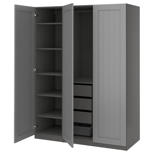 Gray PAX wardrobe, open showing shelves and mesh basket.