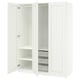 This image shows a white ikea PAX wardrobe with open doors, displaying interior shelves and a mesh basket.