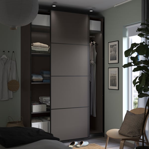 Modern closet with sliding doors, grey, metal, rectangular, minimalist.