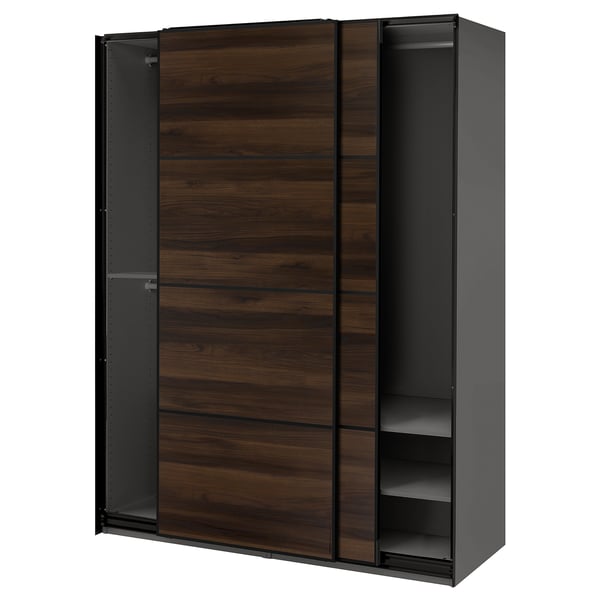 PAX / MEHAMN Wardrobe with sliding doors, dark grey black/double sided dark brown oak effect, 150x66x201 cm