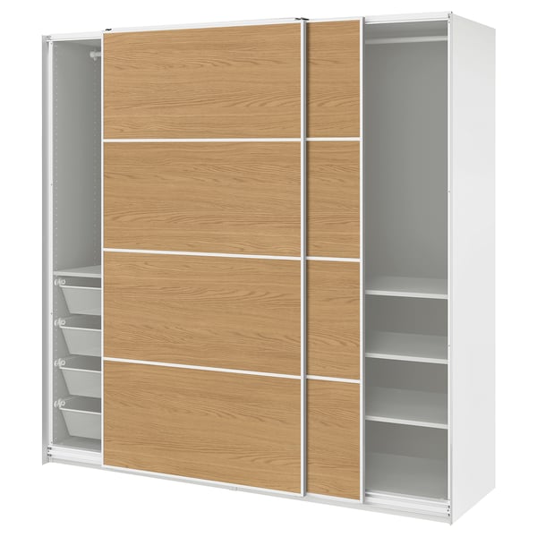 PAX / MEHAMN Wardrobe with sliding doors, white white/double sided oak effect, 200x66x201 cm