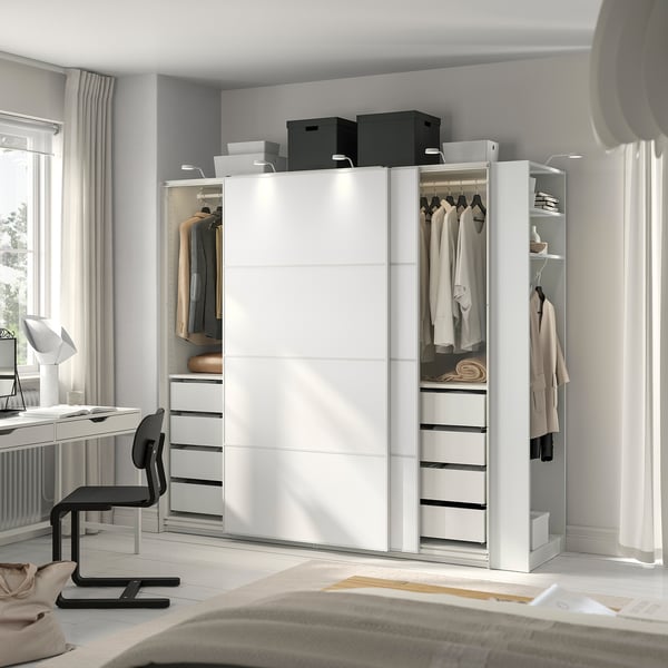 PAX / MEHAMN Wardrobe with sliding doors, white white/double sided white, 220x66x201 cm