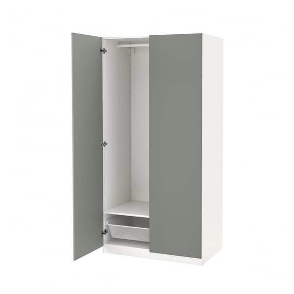 PAX wardrobe, white/gray, slim, open, mesh basket.