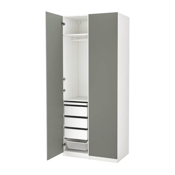 An open PAX wardrobe in light blue, featuring drawers and shelves.