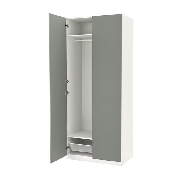 Ikea PAX wardrobe in white with light blue doors, narrow frame, soft-close hinges.