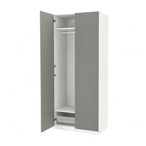 Ikea PAX wardrobe in white with light blue doors, narrow frame, soft-close hinges.