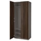 Dark brown wooden wardrobe, PAX brand, with soft-close hinges, three shelves, and hanging rod.