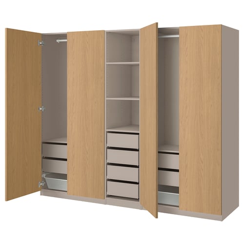 PAX wardrobe, light wood, four doors, two hanging spaces, four shelves, four drawers, modern design.