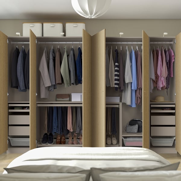 Adjustable clothes storage with lighting.