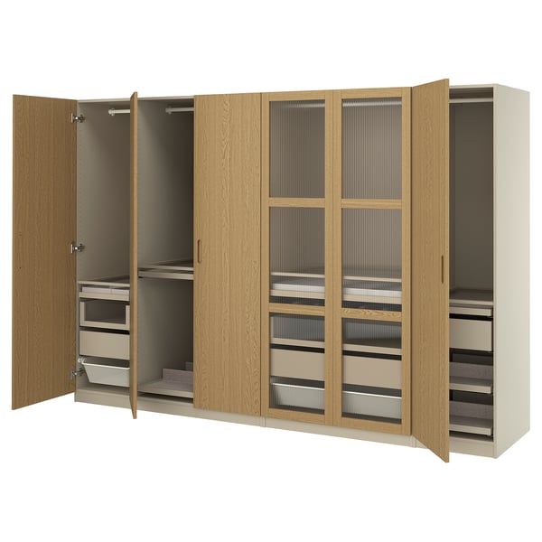 PAX / TONSTAD Wardrobe combination, grey-beige/oak veneer, 300x60x201 cm