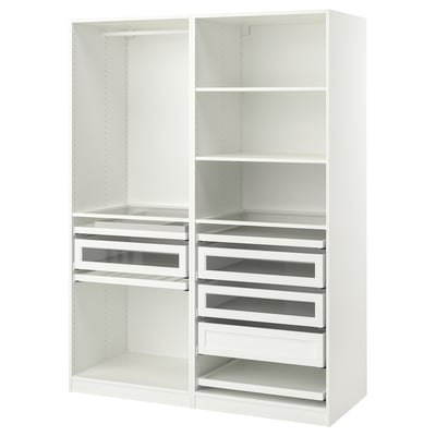 A white IKEA PAX wardrobe with glass-front drawers and shelves for organised storage.
