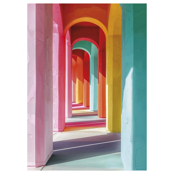 Vibrant, colourful hallways with pink, yellow, and orange arches. Digital art by philippe hugonnard.