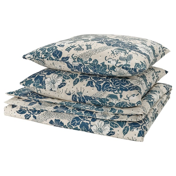 Image shows a stack of blue floral-patterned bedding items.