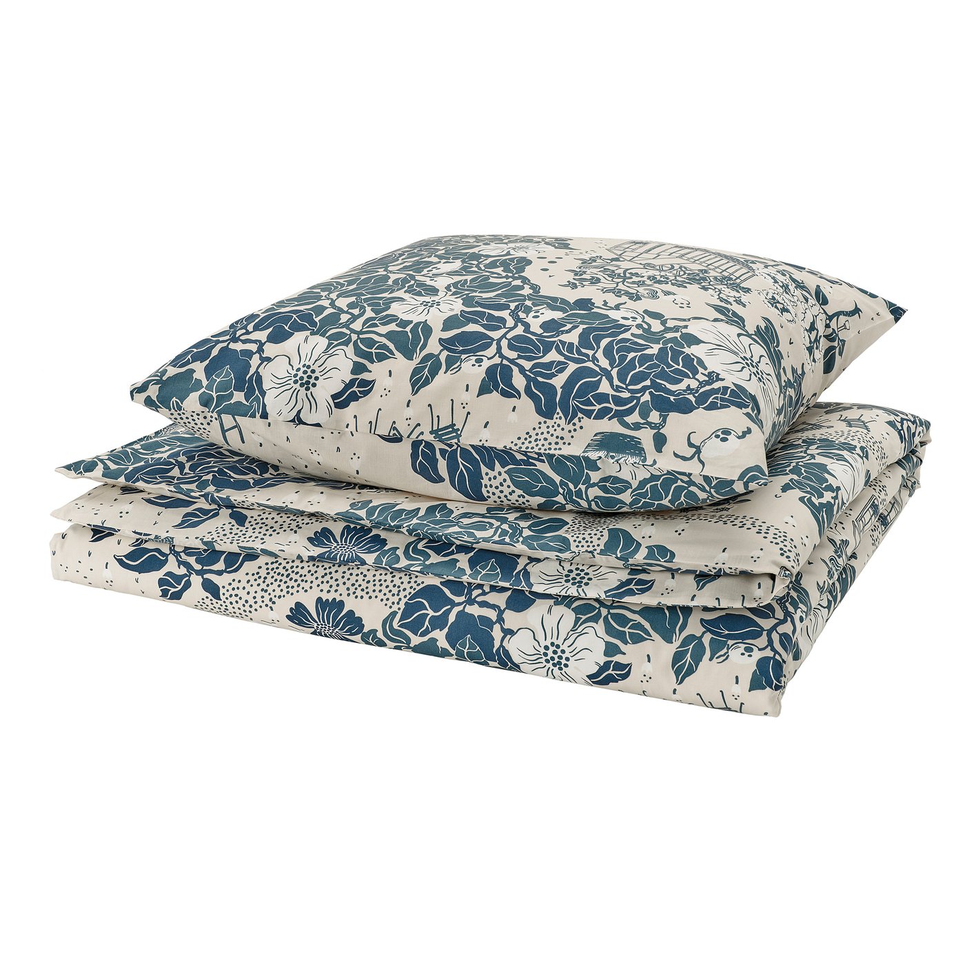 PJÄXE blue floral pillowcases, white & teal, recycled cotton & lyocell, square with printed floral design.