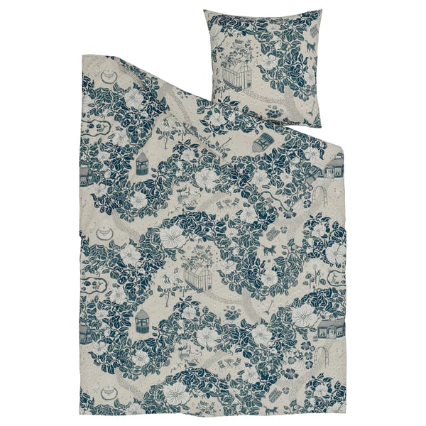 PJÄXE duvet set in blue-green, floral-patterned, rectangular shape, made from eco-friendly cotton/lyocell blend.