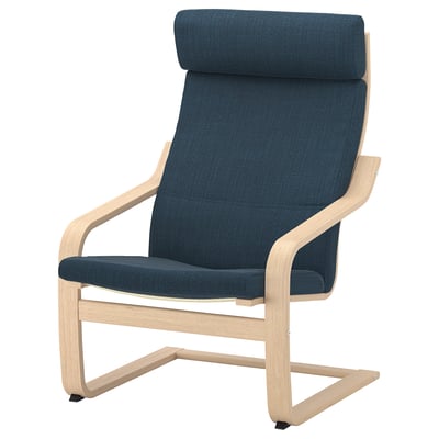 Poang chair: blue fabric, wooden frame, curved lines, high back support.
