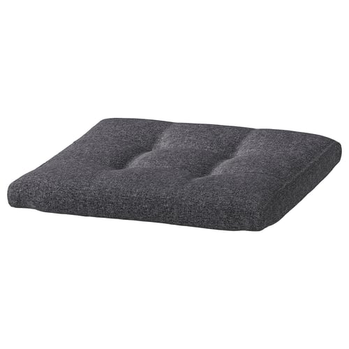 Dark grey POÄNG cushioned footstool with tufted design, recycled fabric.