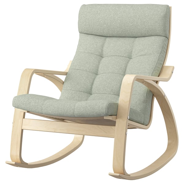 POÄNG rocking chair, light wood frame, green cushion, curved back & arms, relaxing & stylish.