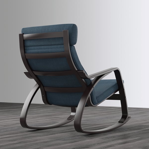 Blue cushioned rocking chair with black metal frame on a wooden floor.