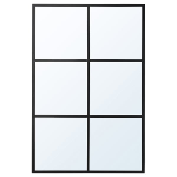 RAGGARÖN mirror: black-framed, rectangular, six-pane design, wall-mounted, with rounded corners.