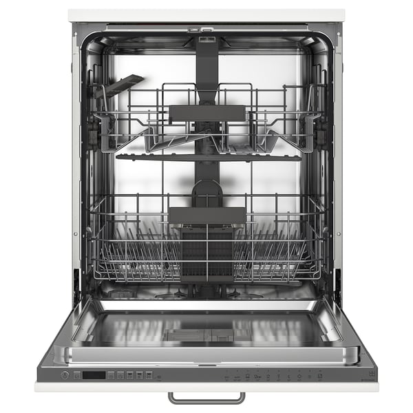 Open stainless steel dishwasher with adjustable racks, self-clean function, quiet operation.