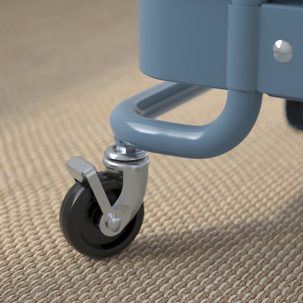 Blue metal trolley wheel with black tyre and silver lock. Or, to be more concise: blue trolley wheel with black tyre, silver lock.