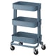 A blue RÅSKOG trolley with three shelves on wheels.