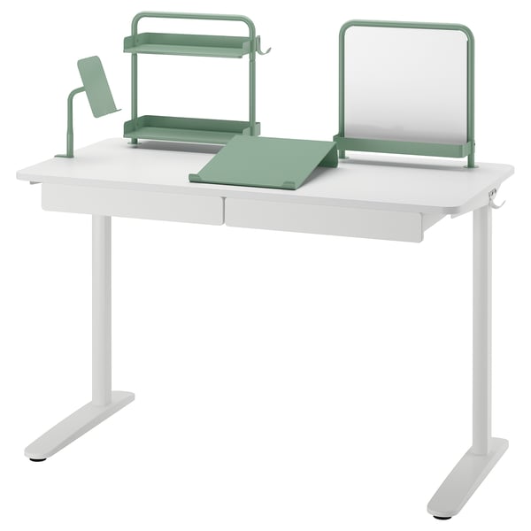 RELATERA desk - white with green accessories: whiteboard, writing pad, tablet holder, hooks.